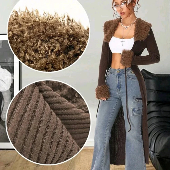 Y2K Fashion Vintage Rib Knit Flannelette Textured Lace Up Brown Long Cardigans - Picture 3 of 3